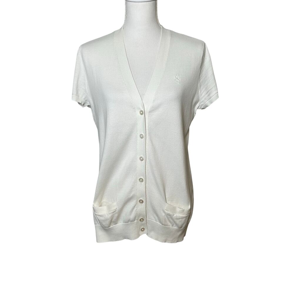 Ralph Lauren women's white cotton short sleeve v-neck long button cardigan XL
